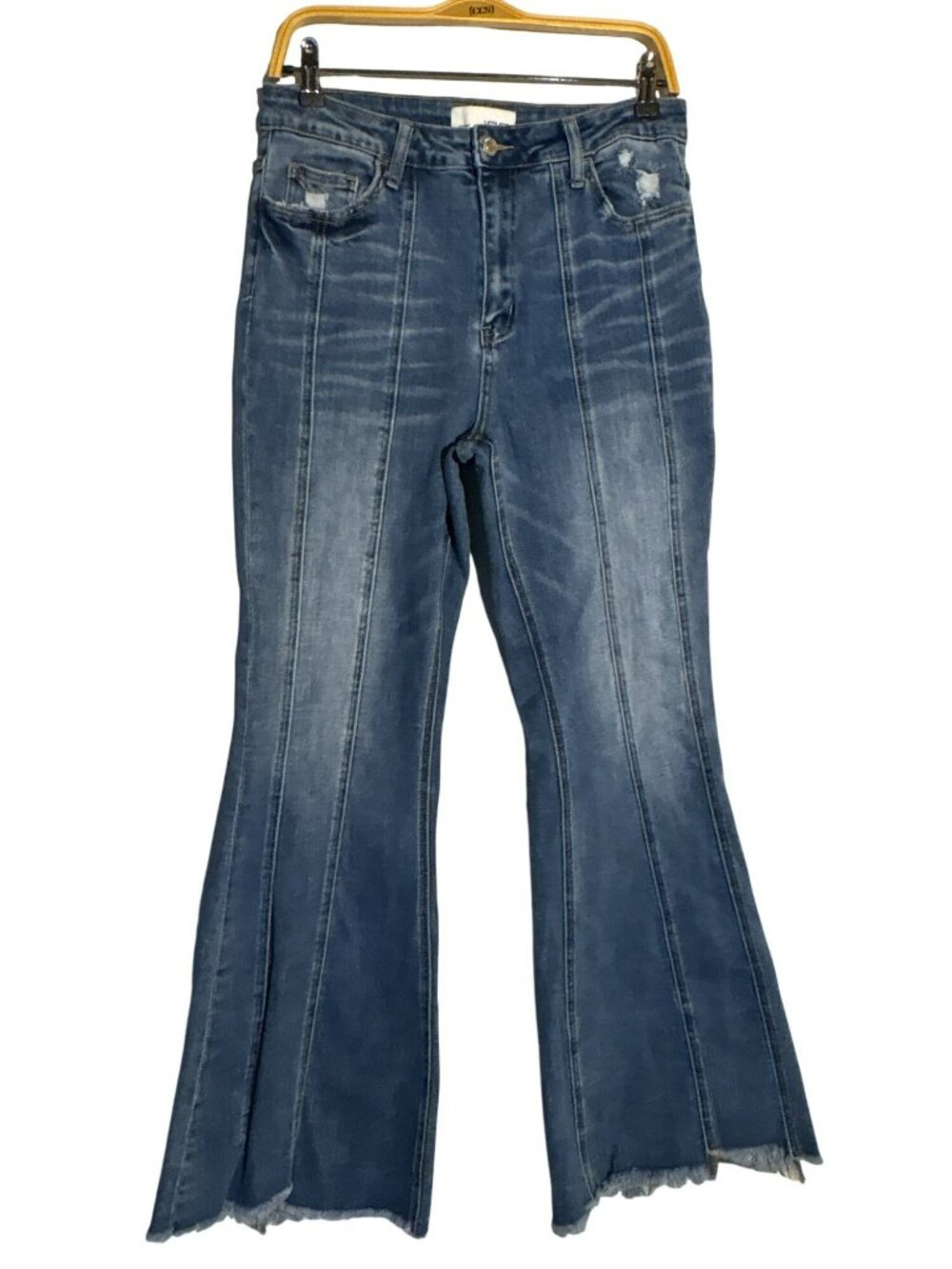 Vervet High-Rise Front & Back Seam Distressed Stepped Raw Hem Flare Jeans 30